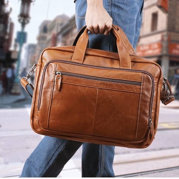 Ekphero Brown Leather Men's Laptop Bag - Picture 1 of 6